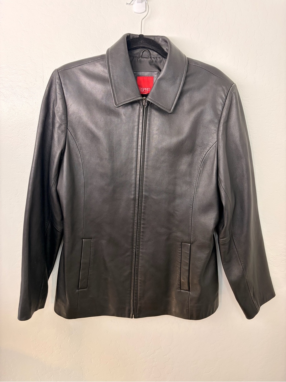 Esprit Black Leather Zip Jacket with Classic Collar 0028